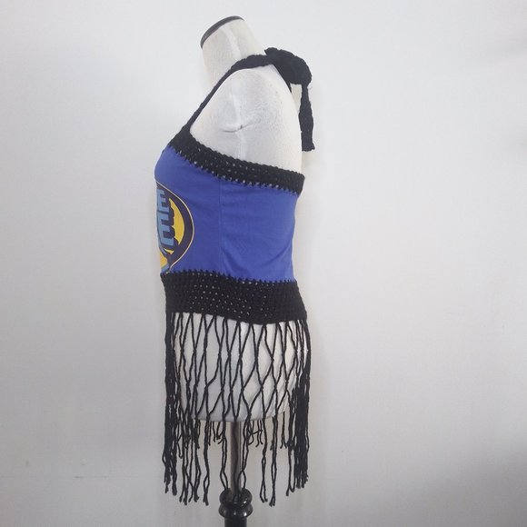 Sexy Boho Handmade DOUBLE DARE Royal Blue Cropped Halter Top w/ Fringes - Picture 4 of 7